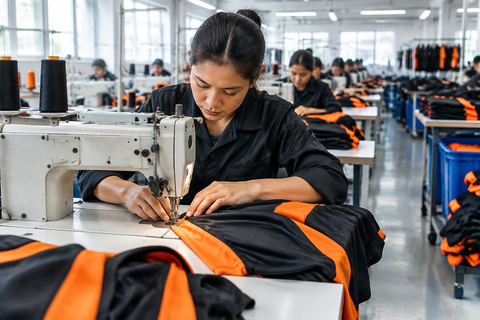 A machinist sewing black and orange sportswear on a production line