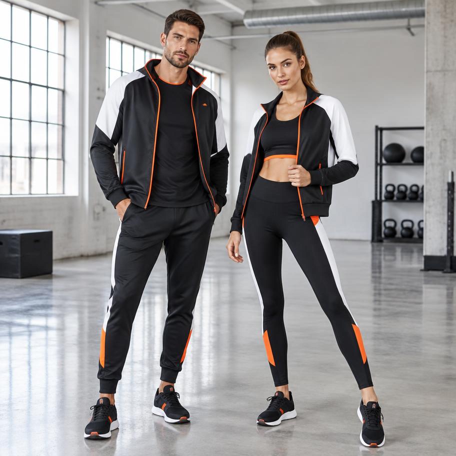 Man and woman in custom black, white and orange training wear