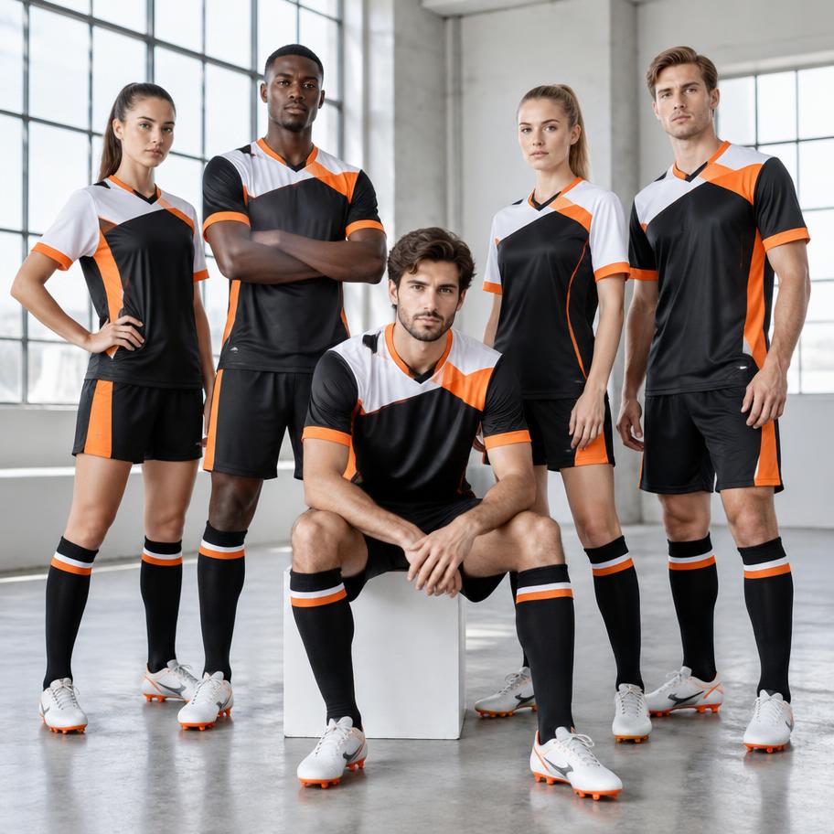 Football team in custom black, white and orange match kits